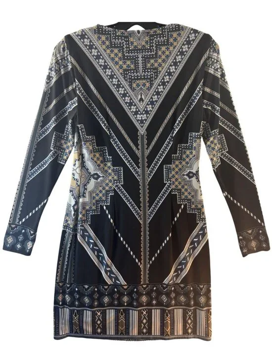 Hale Bob S Beaded Geometric Print Long Sleeve V-Neck Black Tunic Dress - Picture 2 of 6